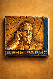 Soviet Radio Day Badge Featuring Alexander Stepanovich Popov